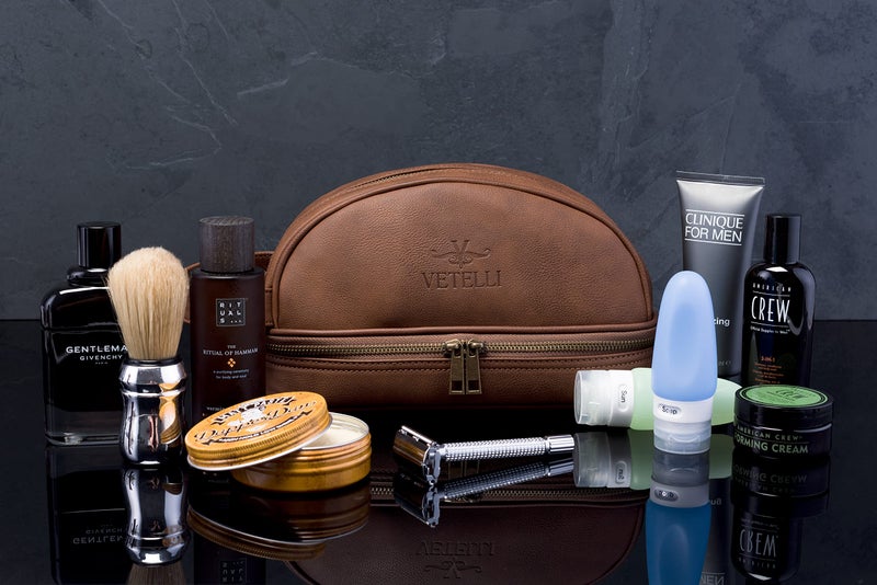 Vetelli Vetell Classic Leather Men's Travel Toiletry Bag and Dopp Kit with Upper and Lower Zippered Compartments, 2 Mesh Bottle Pouches and Carrying Handle - Image 5